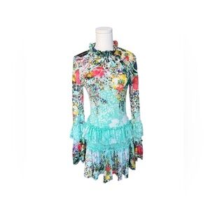 Unique romantic Multicolor floral mesh sheer tiered ruffle mini dress S